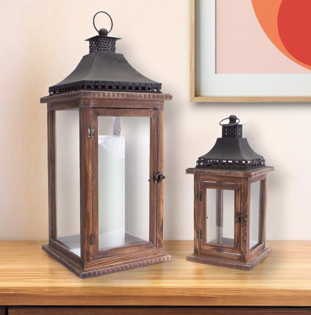 Homeroots Set Of Two Brown And Black Wood And Metal Ornate Floor Lantern Candle Holders   517557