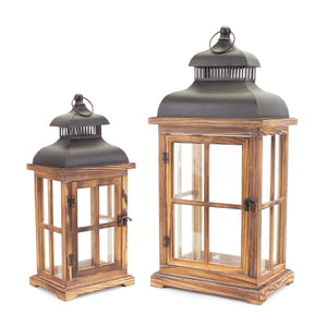 Homeroots Set Of Two Natural And Black Glass Wood And Metal Floor Lantern Candle Holders   517559
