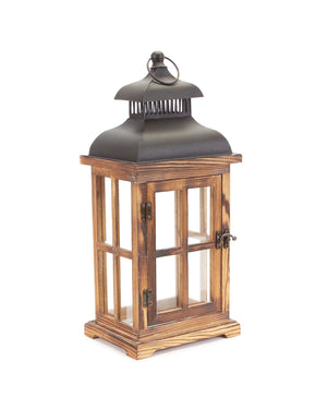 Homeroots Set Of Two Natural And Black Glass Wood And Metal Floor Lantern Candle Holders   517559