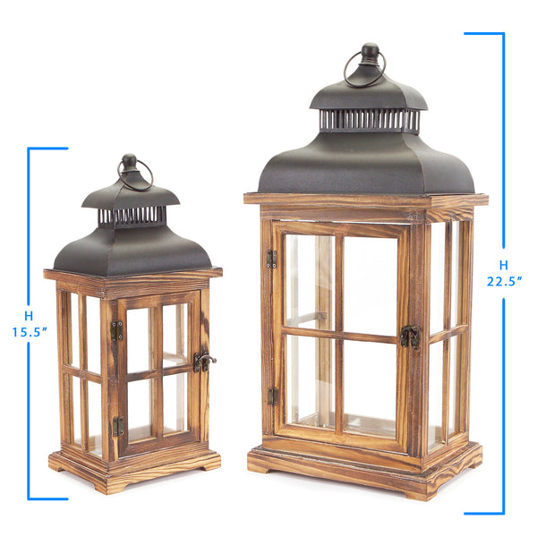 Homeroots Set Of Two Natural And Black Glass Wood And Metal Floor Lantern Candle Holders   517559