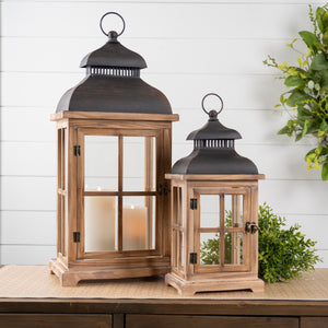 Homeroots Set Of Two Natural And Black Glass Wood And Metal Floor Lantern Candle Holders   517559