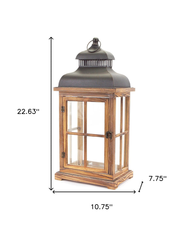 Homeroots Set Of Two Natural And Black Glass Wood And Metal Floor Lantern Candle Holders   517559