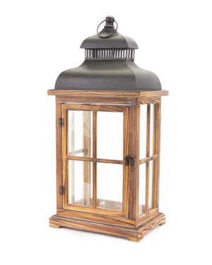 Homeroots Set Of Two Natural And Black Glass Wood And Metal Floor Lantern Candle Holders   517559