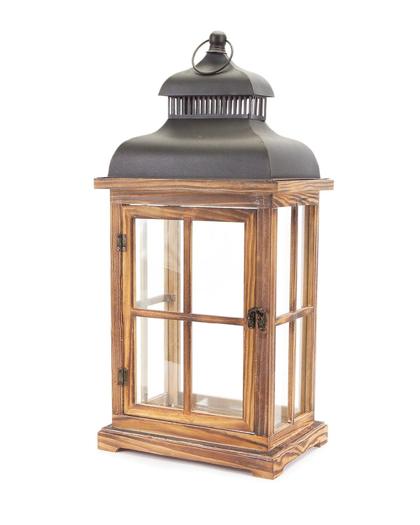 Homeroots Set Of Two Natural And Black Glass Wood And Metal Floor Lantern Candle Holders   517559