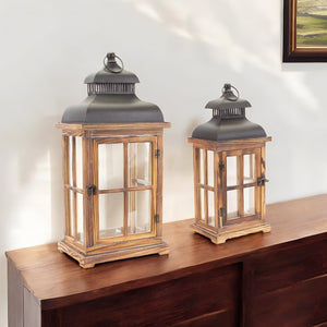 Homeroots Set Of Two Natural And Black Glass Wood And Metal Floor Lantern Candle Holders   517559