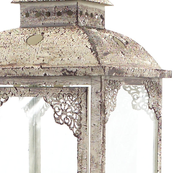 Homeroots Set Of Two Beige Glass And Metal Distressed Floor Lantern Candle Holders   517563