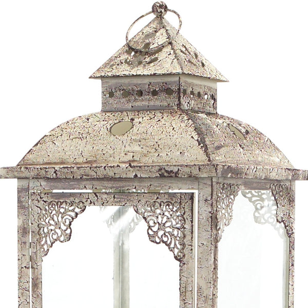 Homeroots Set Of Two Beige Glass And Metal Distressed Floor Lantern Candle Holders   517563