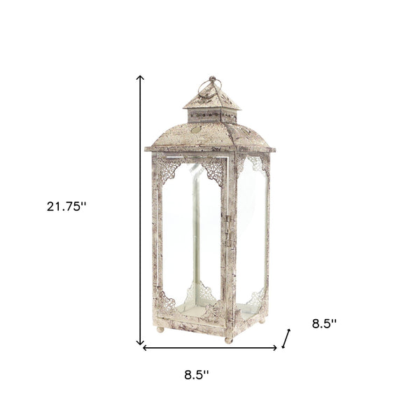 Homeroots Set Of Two Beige Glass And Metal Distressed Floor Lantern Candle Holders   517563
