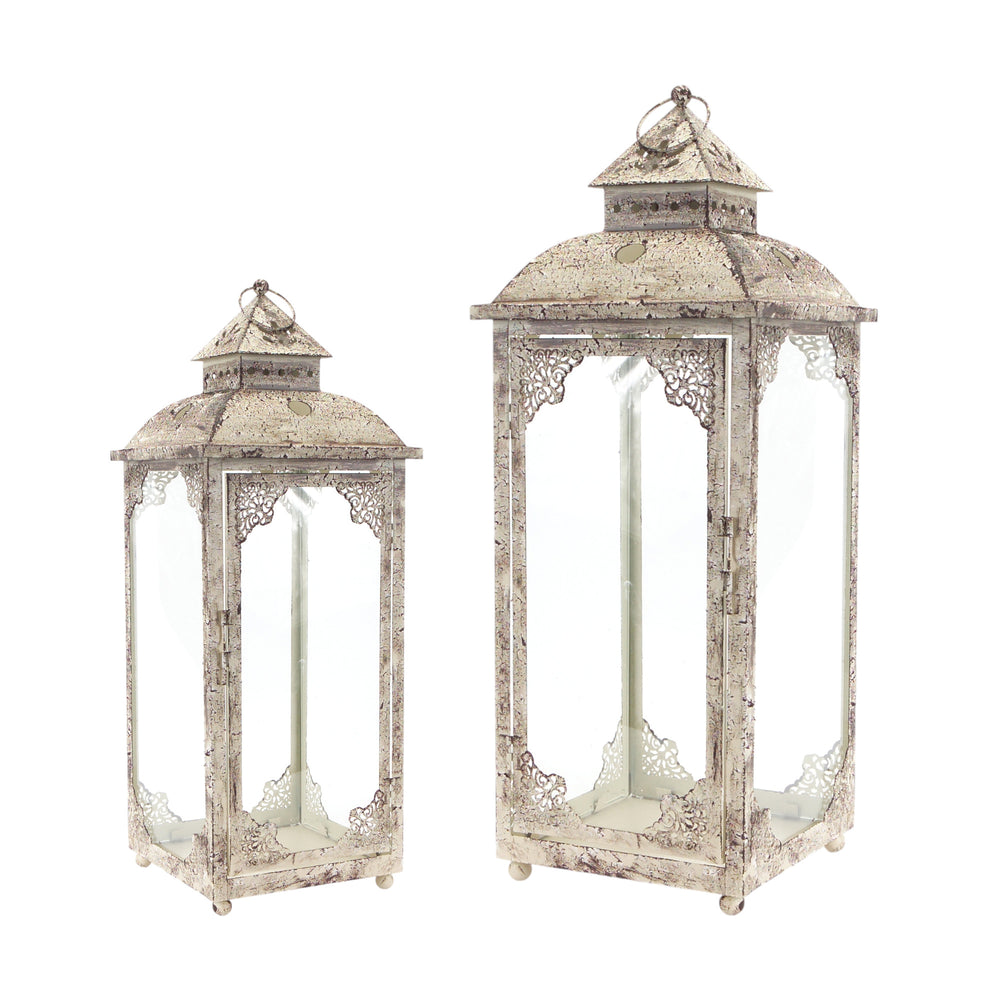 Homeroots Set Of Two Beige Glass And Metal Distressed Floor Lantern Candle Holders   517563