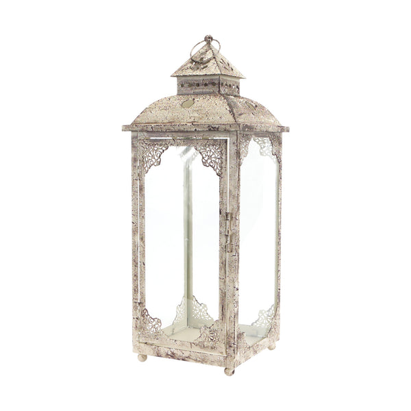 Homeroots Set Of Two Beige Glass And Metal Distressed Floor Lantern Candle Holders   517563