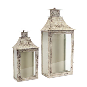 Homeroots Set Of Two Beige Iron And Glass Filigree Floor Lantern Candle Holders   517564