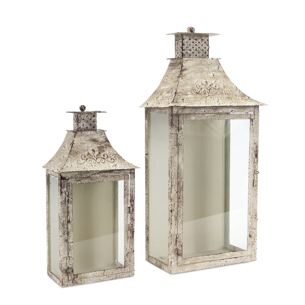 Homeroots Set Of Two Beige Iron And Glass Filigree Floor Lantern Candle Holders   517564