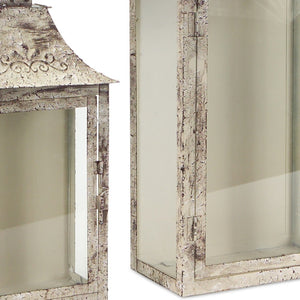 Homeroots Set Of Two Beige Iron And Glass Filigree Floor Lantern Candle Holders   517564