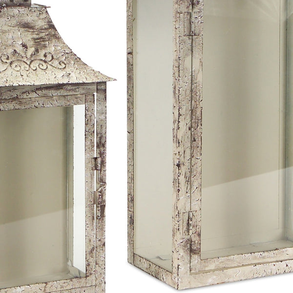 Homeroots Set Of Two Beige Iron And Glass Filigree Floor Lantern Candle Holders   517564