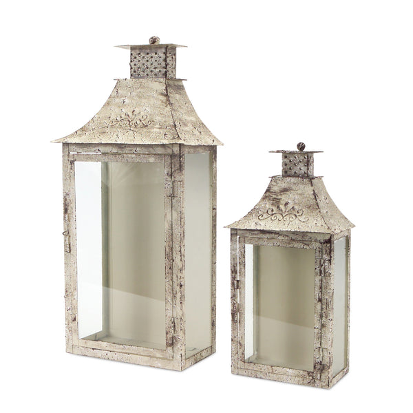 Homeroots Set Of Two Beige Iron And Glass Filigree Floor Lantern Candle Holders   517564