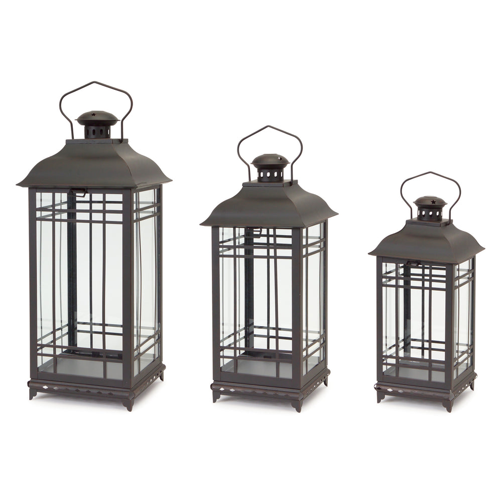 Homeroots Set Of Three Black Glass And Metal Geometric Floor Lantern Candle Holders   517567