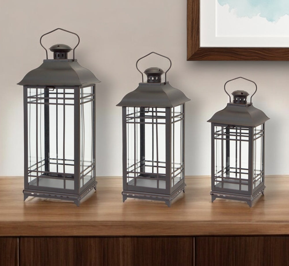 Homeroots Set Of Three Black Glass And Metal Geometric Floor Lantern Candle Holders   517567