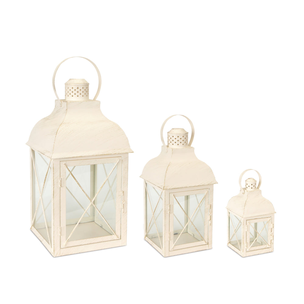 Homeroots Set Of Three Ivory Glass And Metal Geometric Floor Lantern Candle Holders   517568