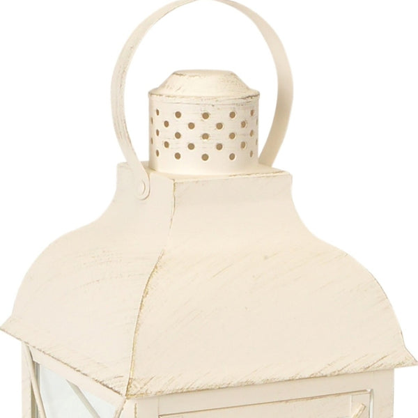 HomeRoots Set of Three Ivory Distressed Geometric Lantern Candle Holders for Stylish Home Décor Accents 517568