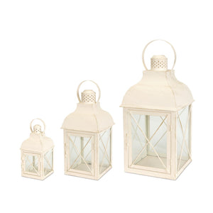 HomeRoots Set of Three Ivory Distressed Geometric Lantern Candle Holders for Stylish Home Décor Accents 517568
