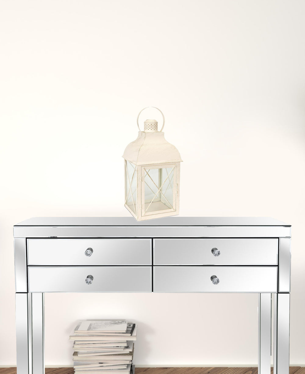 Homeroots Set Of Three Ivory Glass And Metal Geometric Floor Lantern Candle Holders   517568