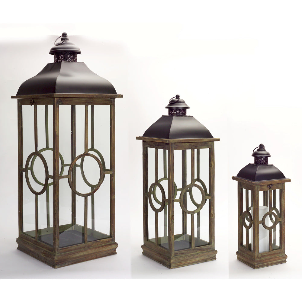 Homeroots Set Of Three Brown And Black Metal And Wood Geometric Floor Lantern Candle Holders   517571