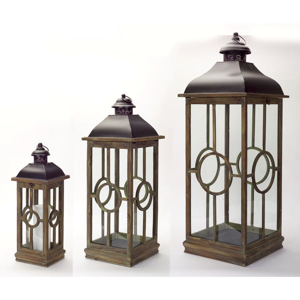 Homeroots Set Of Three Brown And Black Metal And Wood Geometric Floor Lantern Candle Holders   517571