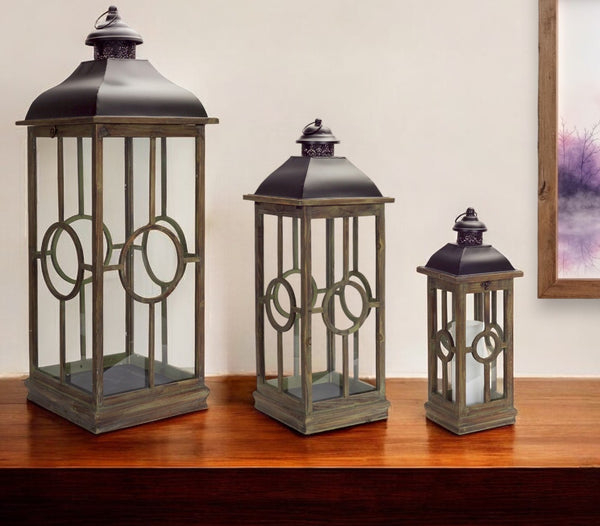 Homeroots Set Of Three Brown And Black Metal And Wood Geometric Floor Lantern Candle Holders   517571