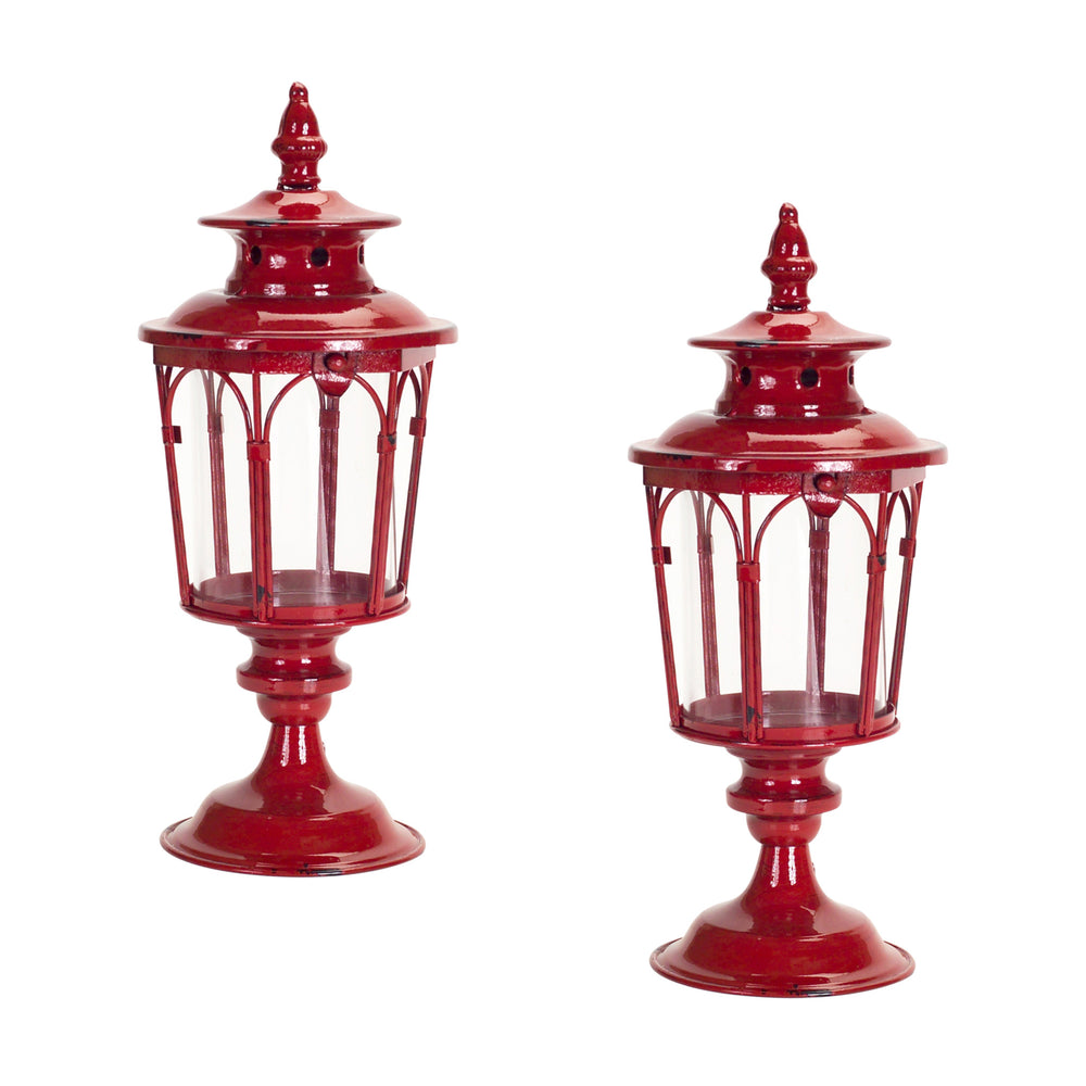 Homeroots Set Of Two Red Glass And Metal Distressed Tabletop Lantern Candle Holders   517572