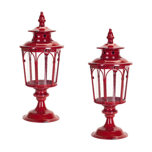 Homeroots Set Of Two Red Glass And Metal Distressed Tabletop Lantern Candle Holders   517572