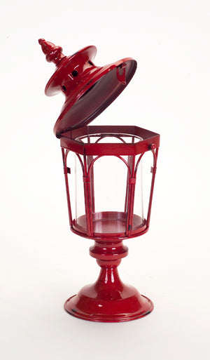 Homeroots Set Of Two Red Glass And Metal Distressed Tabletop Lantern Candle Holders   517572