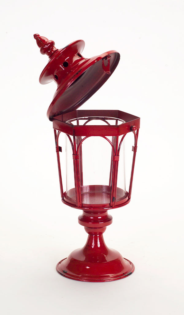 Homeroots Set Of Two Red Glass And Metal Distressed Tabletop Lantern Candle Holders   517572