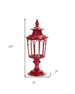 Homeroots Set Of Two Red Glass And Metal Distressed Tabletop Lantern Candle Holders   517572