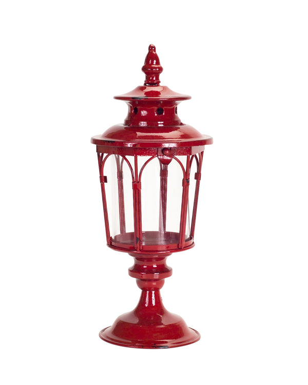 Homeroots Set Of Two Red Glass And Metal Distressed Tabletop Lantern Candle Holders   517572