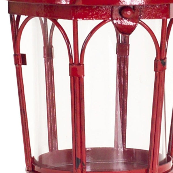 Homeroots Set Of Two Red Glass And Metal Distressed Tabletop Lantern Candle Holders   517572