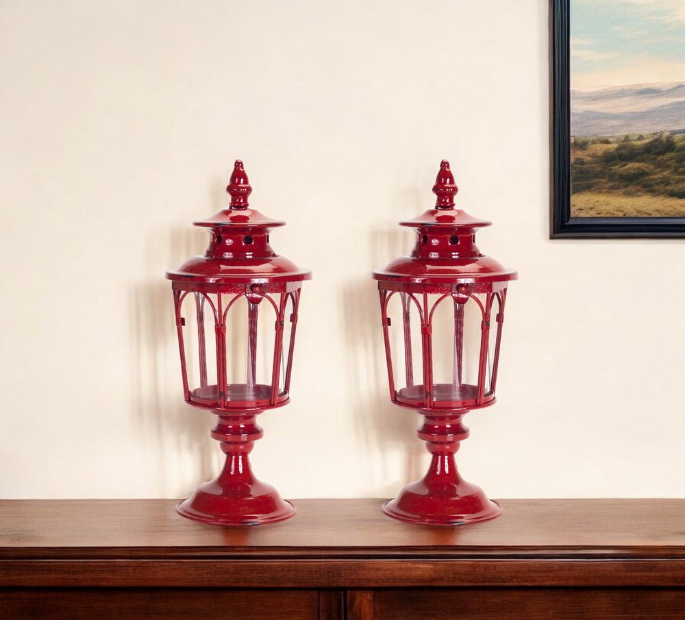 Homeroots Set Of Two Red Glass And Metal Distressed Tabletop Lantern Candle Holders   517572