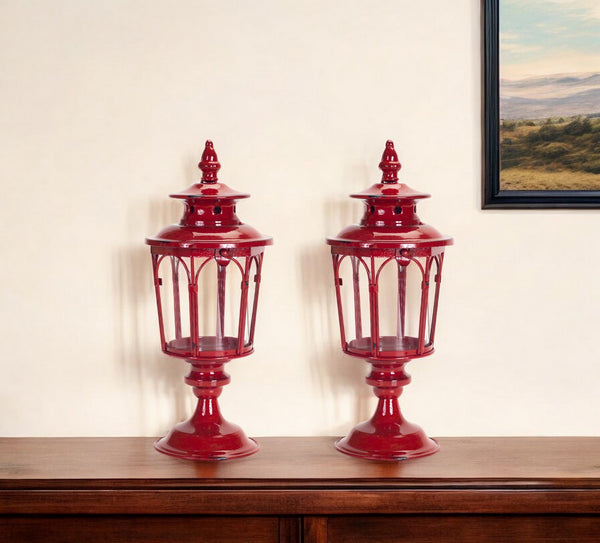 Homeroots Set Of Two Red Glass And Metal Distressed Tabletop Lantern Candle Holders   517572