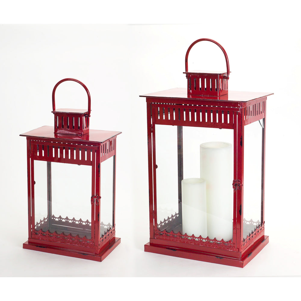 Homeroots Set Of Two Red Metal Ornate Floor Lantern Candle Holders   517573