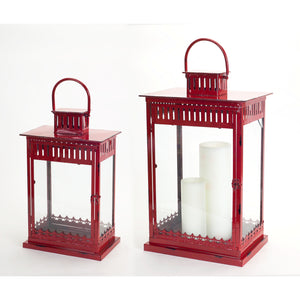 Homeroots Set Of Two Red Metal Ornate Floor Lantern Candle Holders   517573