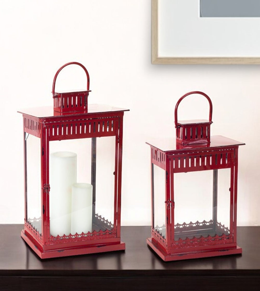 Homeroots Set Of Two Red Metal Ornate Floor Lantern Candle Holders   517573