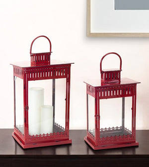 Homeroots Set Of Two Red Metal Ornate Floor Lantern Candle Holders   517573