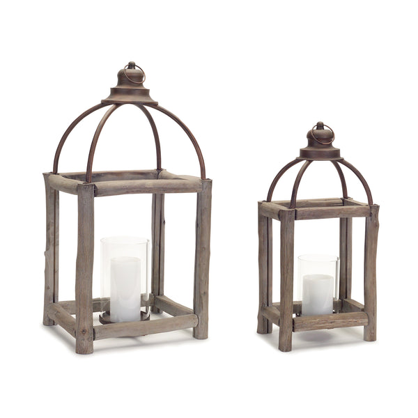 Homeroots Set Of Two Natural And Gray Glass Wood And Metal Geometric Floor Lantern Candle Holders   517574