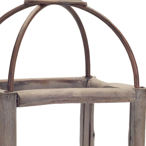 Homeroots Set Of Two Natural And Gray Glass Wood And Metal Geometric Floor Lantern Candle Holders   517574