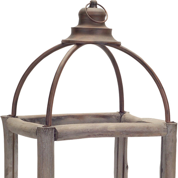Homeroots Set Of Two Natural And Gray Glass Wood And Metal Geometric Floor Lantern Candle Holders   517574