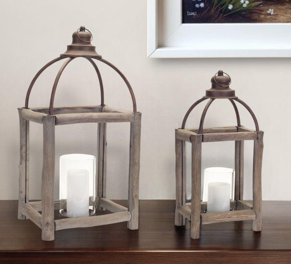 Homeroots Set Of Two Natural And Gray Glass Wood And Metal Geometric Floor Lantern Candle Holders   517574
