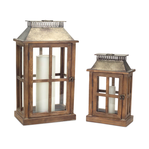 Homeroots Set Of Two Brown And Silver Wood And Metal Geometric Floor Lantern Candle Holders   517575