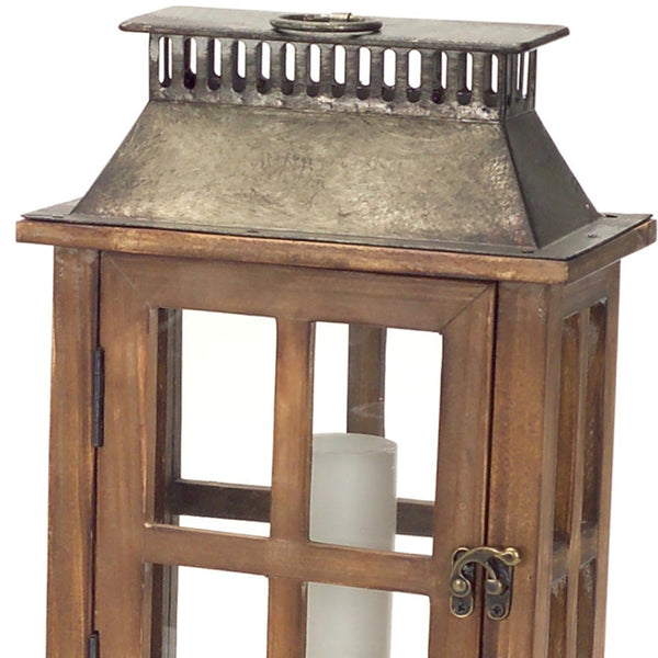 Homeroots Set Of Two Brown And Silver Wood And Metal Geometric Floor Lantern Candle Holders   517575
