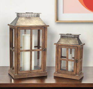 Homeroots Set Of Two Brown And Silver Wood And Metal Geometric Floor Lantern Candle Holders   517575