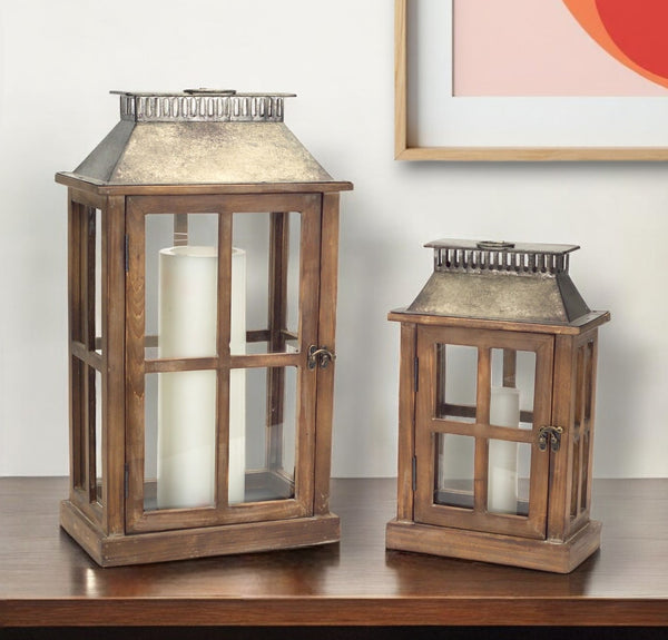 Homeroots Set Of Two Brown And Silver Wood And Metal Geometric Floor Lantern Candle Holders   517575