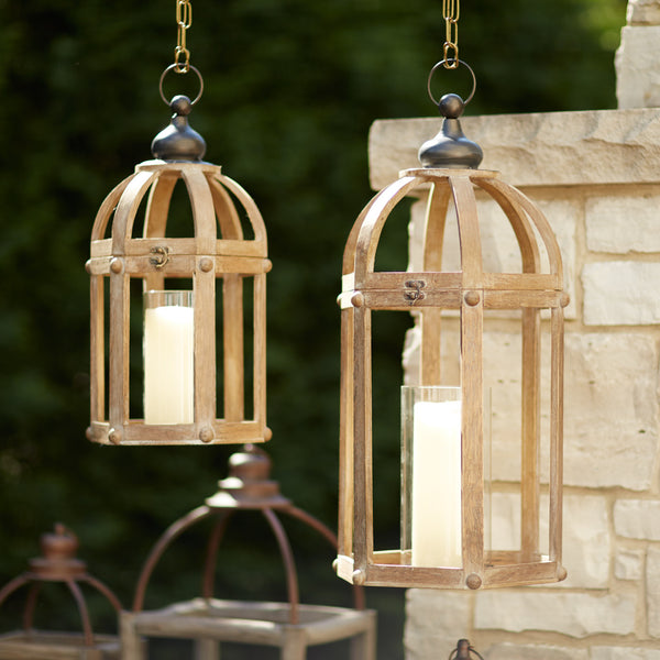 Homeroots Set Of Two Brown Wood And Glass Floor Lantern Candle Holders   517576